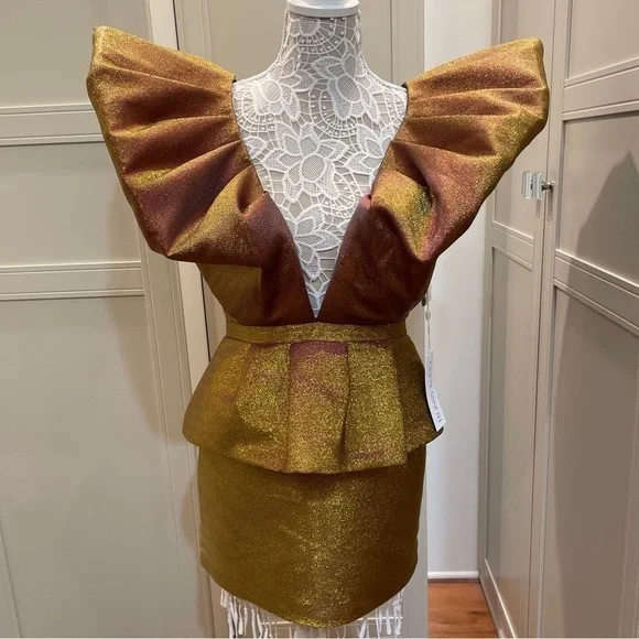 RONNY KOBO Calin Metallic Puffed Shoulders Iridescent Lame Tiered Mini Dress NWT - Picture 9 of 16